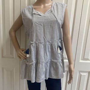 NWT Caslon Womens L Striped Sleeves Blouse. Ruffles. Cute neckline. Pom poms.